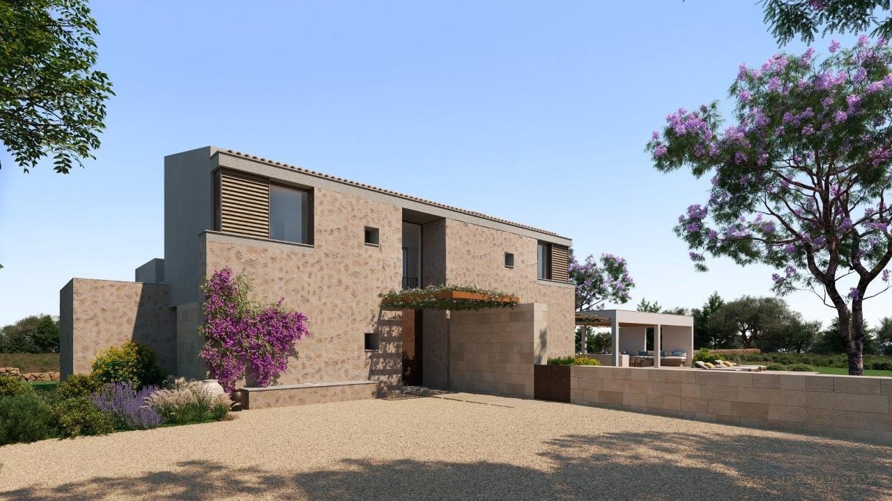 Visualisierung der Finca Son Gorem I mit Natursteinfassade und Pool