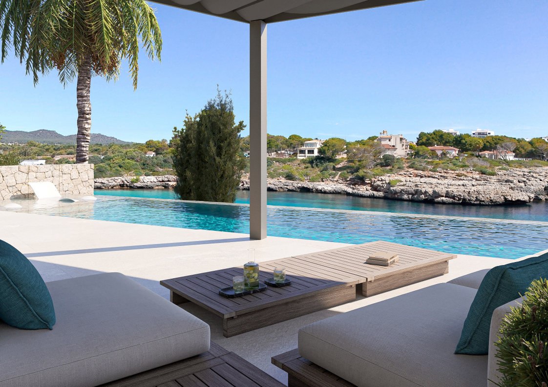 Visualisierung: Möblierte Poolterrasse mit Blick über die Bucht