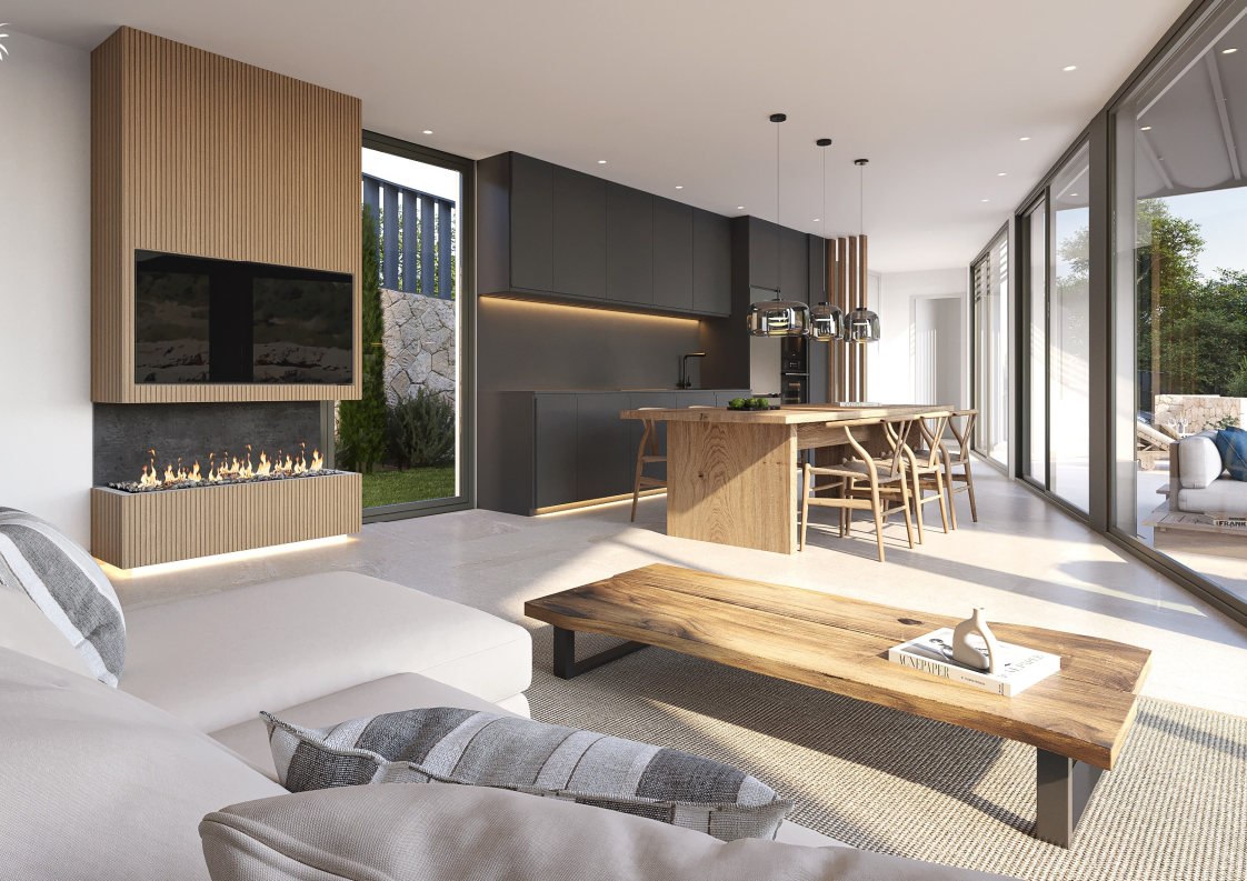 Visualisierung: Offene Wohnküche mit Kamin
